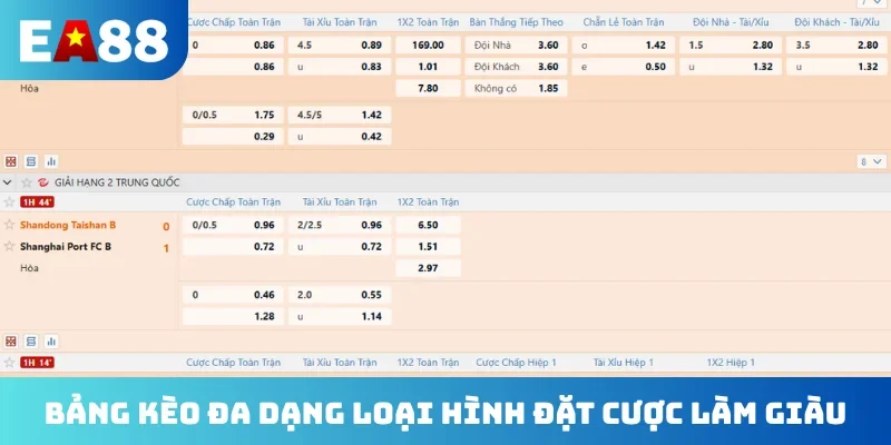 Bảng kèo đa dạng loại hình đặt cược làm giàu