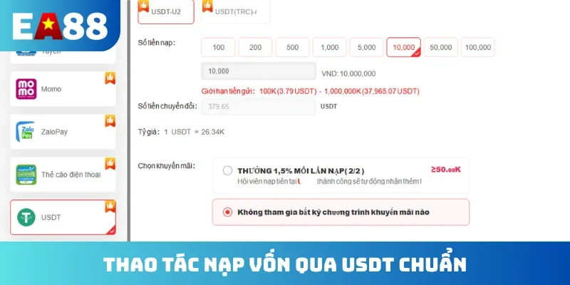 Thao tác nạp vốn qua USDT chuẩn